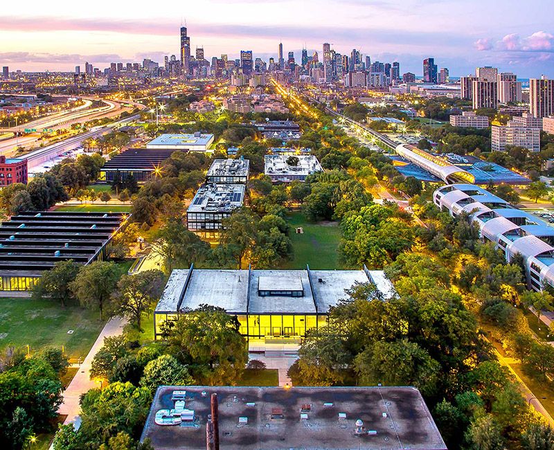 Aerial photo of campus looking toward downtown Chicago.
