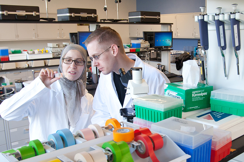 Two undergraduate students working in a pre-health lab