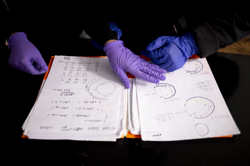 Two students flip through research notes in a lab. 