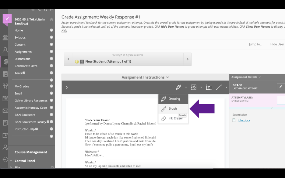 From the Instructor point-of-view in Blackboard, an arrow points to the Drawing annotation tool