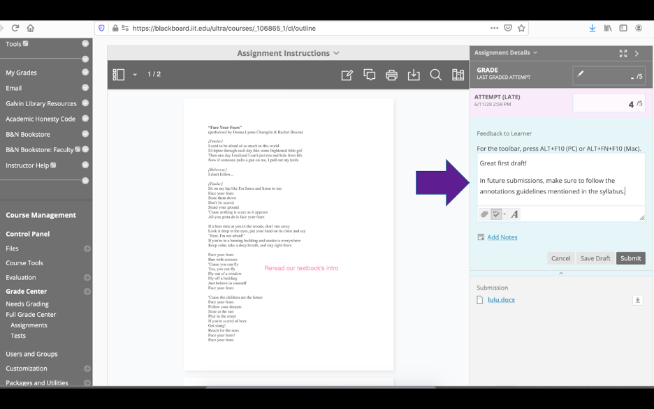 From the Instructor point-of-view in Blackboard, an arrow points to the "Feedback to learner" text box.