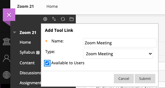 An image of the process of adding a Zoom Tool Link