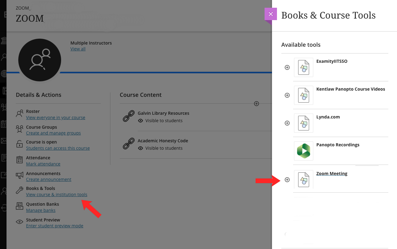 An image of where to click (Books and Tools" and the + next to Zoom Meetings