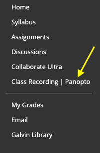 An image with an arrow pointing to "Class Recordings | Panopto"