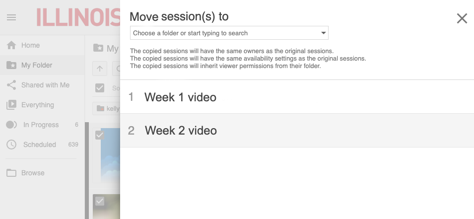 Screenshot of Blackboard option to select destination course for videos