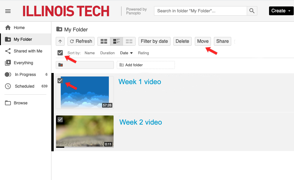 Arrows pointing to the checkboxes to select videos, as well as an arrow pointing to the "Move" button on Blackboard