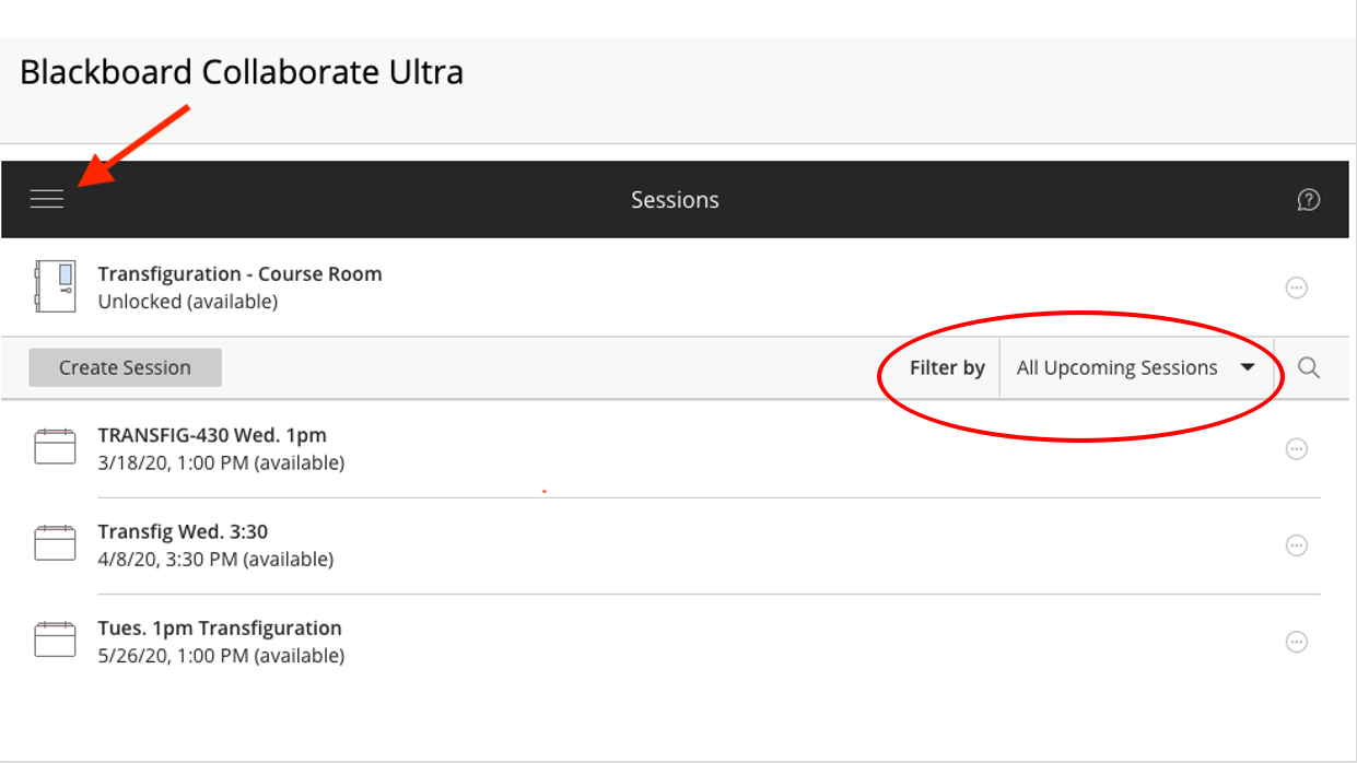 a screen shot of Collaborate Ultra with an arrow pointing to the "hamburger" menu and a circle around the "Filter" area.