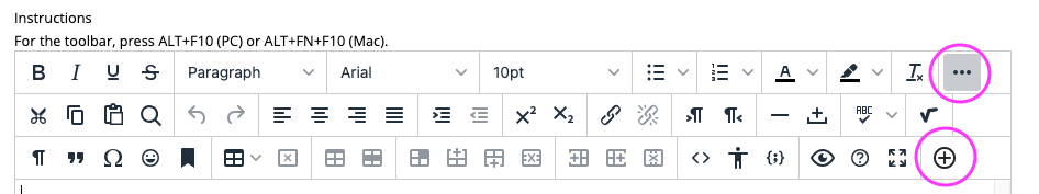 An image of the Text Editor tool bar with the ellipsis icon and the "plus" icon circled.
