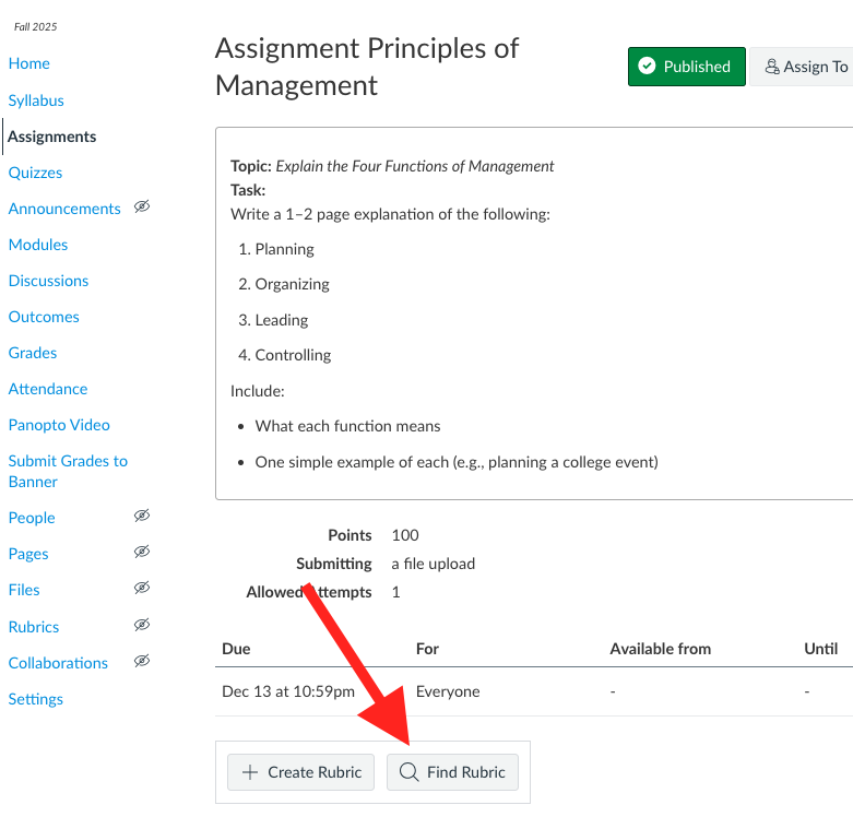Canvas LMS assignment page for 'Principles of Management.' A red arrow points from the assignment details box down to the 'Find Rubric' button at the bottom of the screen.