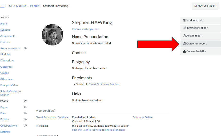 Canvas student profile page. A large red arrow points to the 'Outcomes report' button in the right-hand sidebar menu.