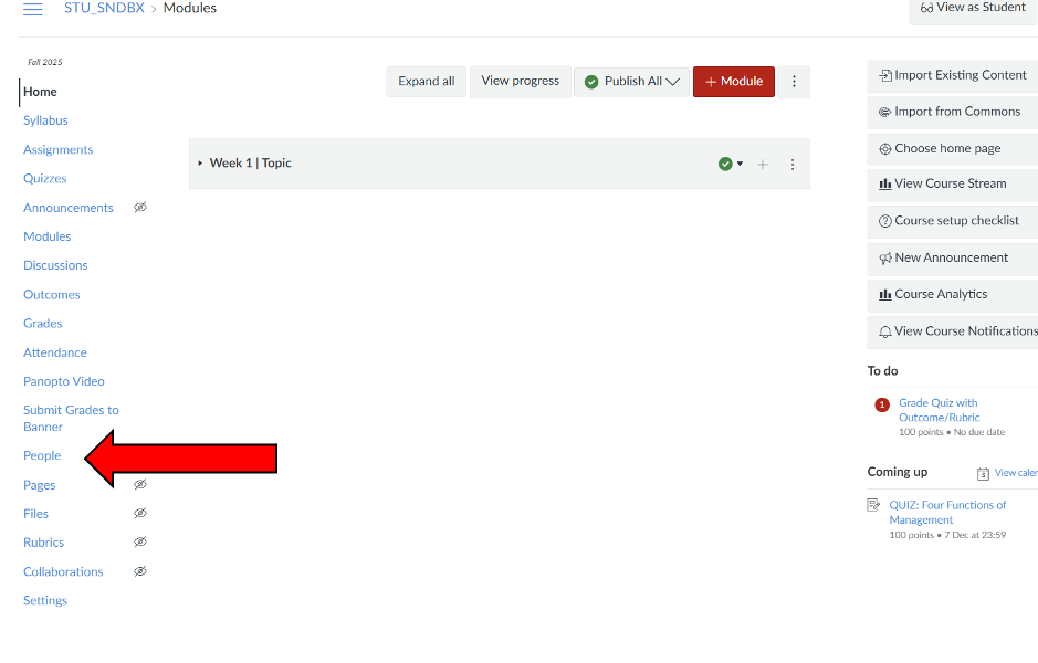 Canvas Course Modules page. A large red arrow points to the 'People' link in the left-hand navigation menu.