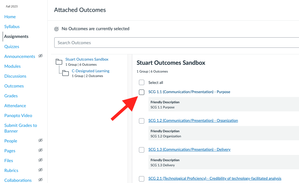 Attached Outcomes page in Canvas. A red arrow points to the checkbox next to 'SCG 1.1 (Communication/Presentation) - Purpose' in the Stuart Outcomes Sandbox list.