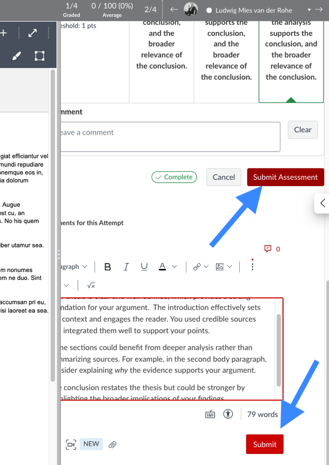 Canvas SpeedGrader interface for a rubric assessment. One blue arrow points to the 'Submit Assessment' button located above a comment box, and a second blue arrow points to a final 'Submit' button at the bottom right of the feedback panel.