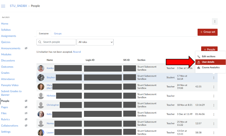 Canvas People page showing a list of users. A large red arrow points to the 'User details' option in the pop-up menu for a specific user.