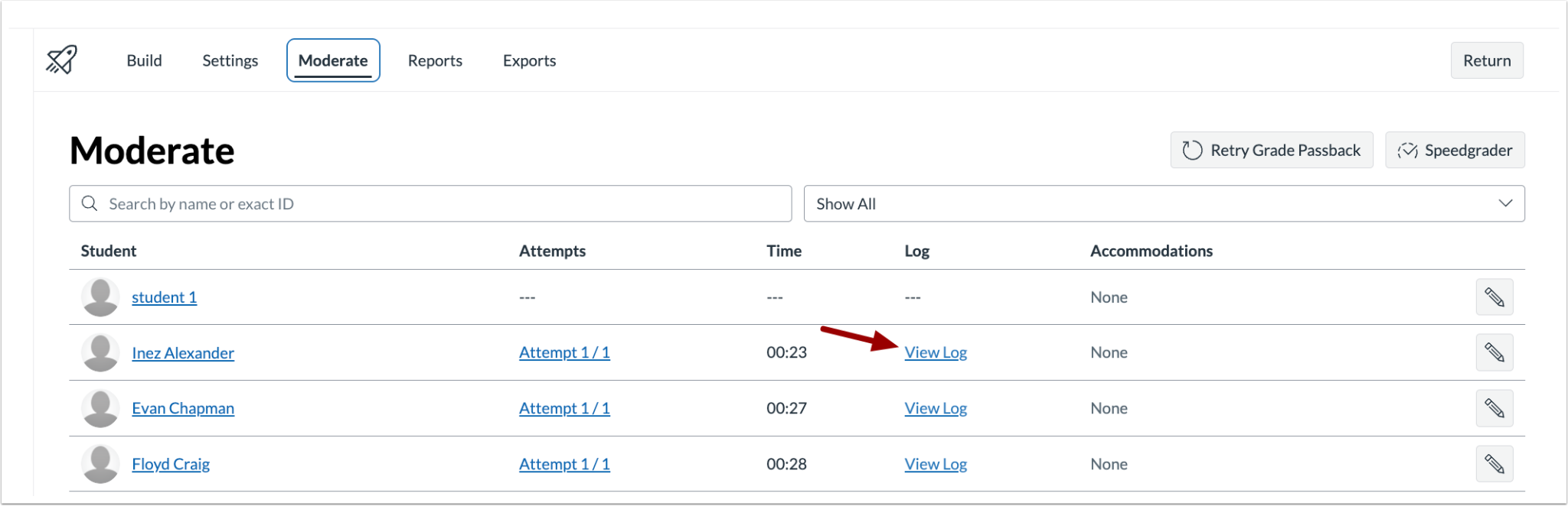 Screenshot with highlight pointing to where logs can be viewed when moderating a canvas survey