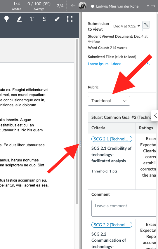 Canvas SpeedGrader interface showing a student's document. A red arrow points to the 'Traditional' rubric dropdown menu, and a second arrow points to the vertical divider between the document preview and the rubric assessment panel.