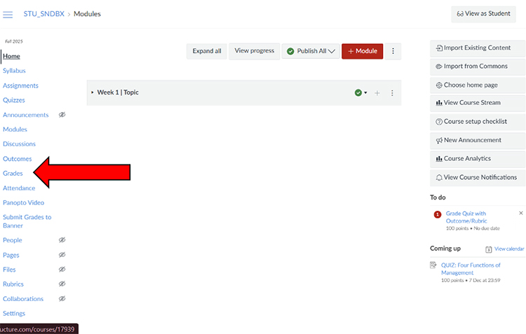 Viewing Outcome Results for Your Course. A large red arrow pointing to the Grades tab.