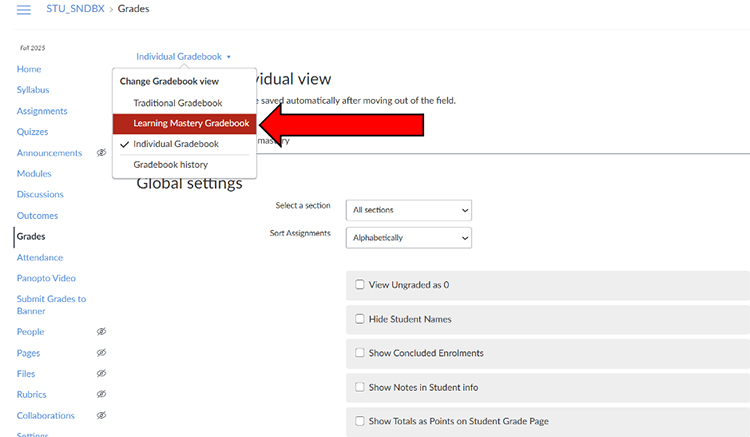 Click on the change gradebook view to Learning Mastery Gradebook.