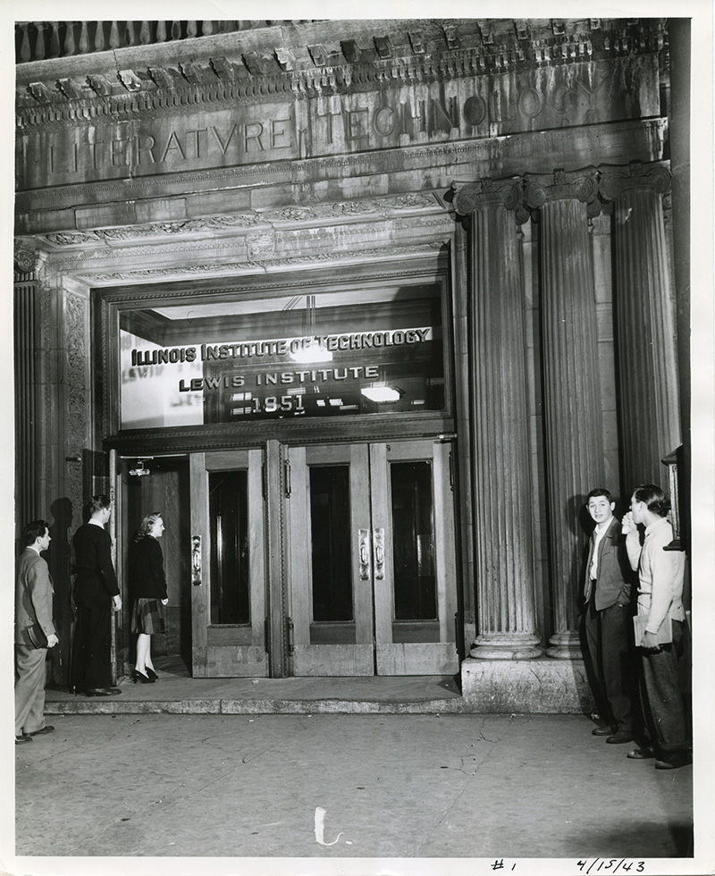 Students outside the entrance of the Lewis Institute building