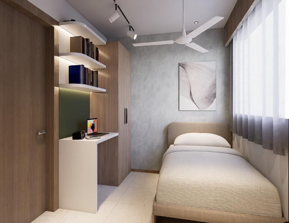 Dorm room with a single bed in the corner