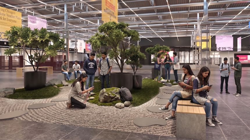 Rendering of the Mumbai campus and students by the zen garden