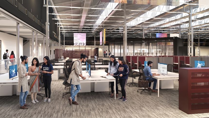 Rendering of students in a workspace classroom on the Mumbai campus