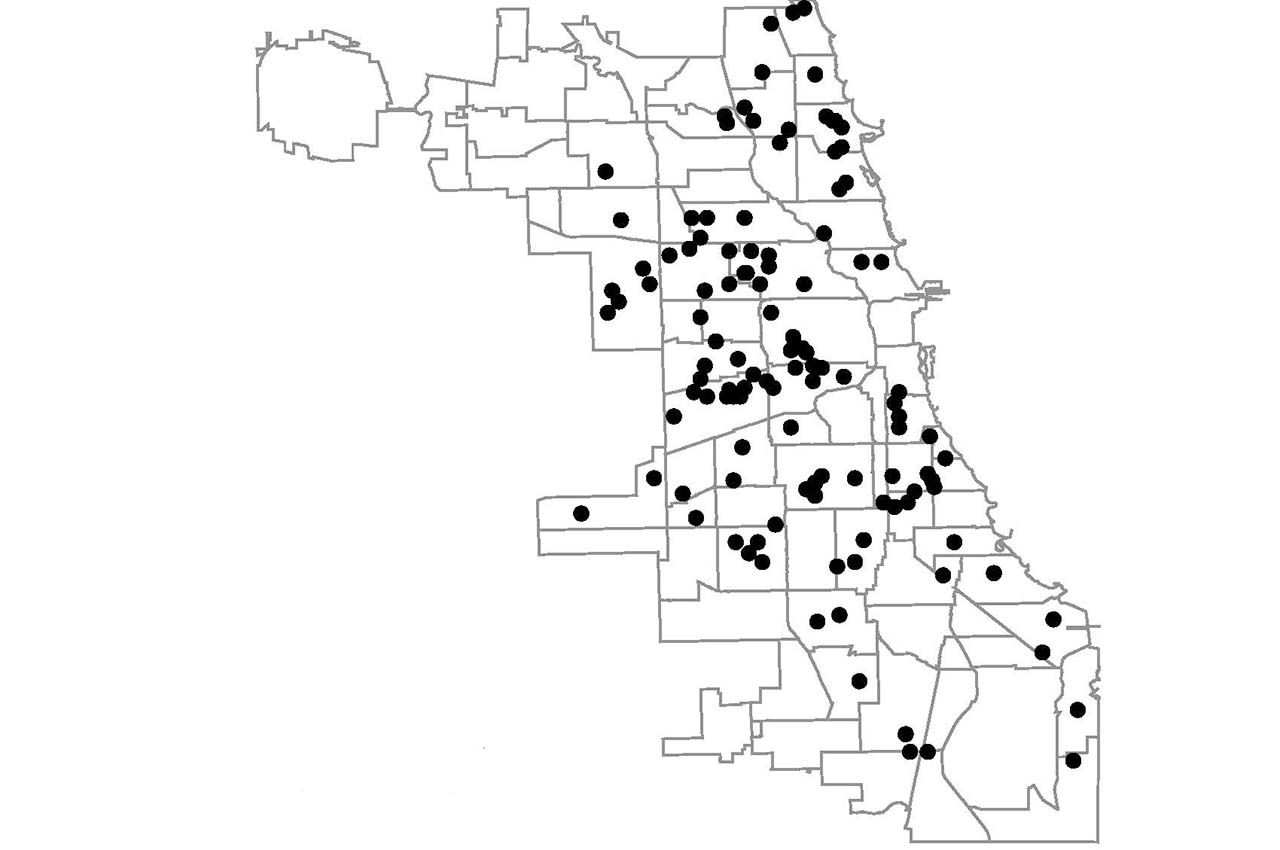 Map of the Chicago primary care community health clinic locations.