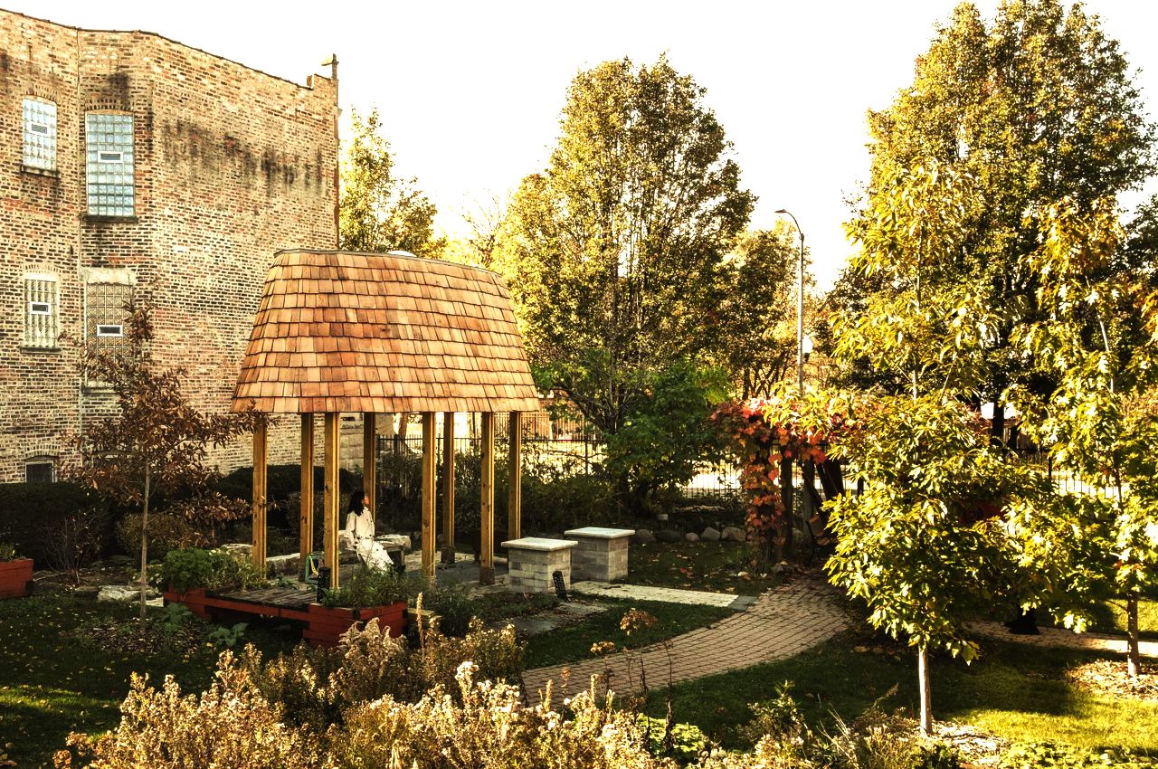 A scenic view of Annabell Ren’s project, the African Heritage Hut, located in Chicago’s North Lawndale Historical and Cultural Society garden.