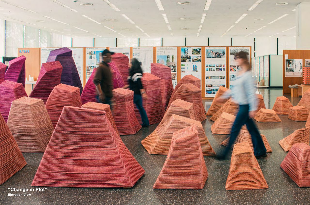 Architecture project titled, “Change in Plot,” a collection of more than 60 uniquely shaped forms designed for people to sit on, lean against, and meander through