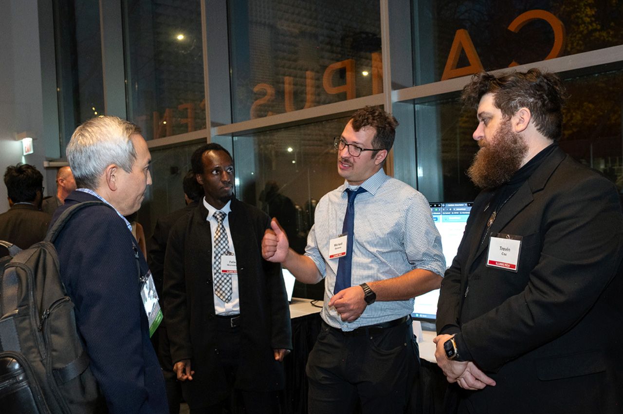 Image: (From left to right) Team members Felix Nkurunziza, Michael Sansone, and Trevin Cox who developed DrainWatch, an AI-powered stormwater detection system, and earned the $15,000 top award at the fifth annual Grainger Computing Innovation Prize competition