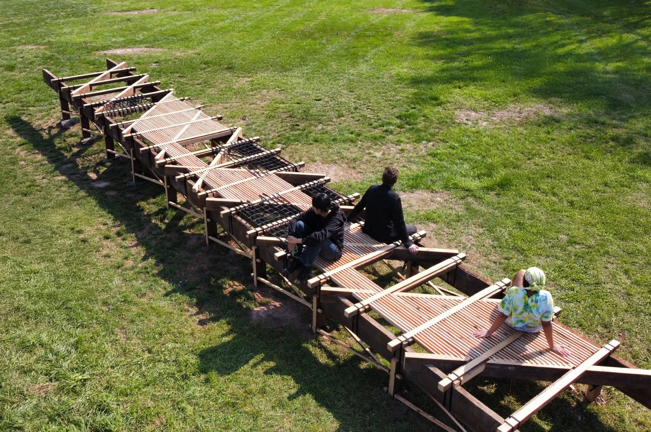Aerial view of architecture installation, BoardWalk, created by Assistant Professor Dillon Pranger in Bethel, New York