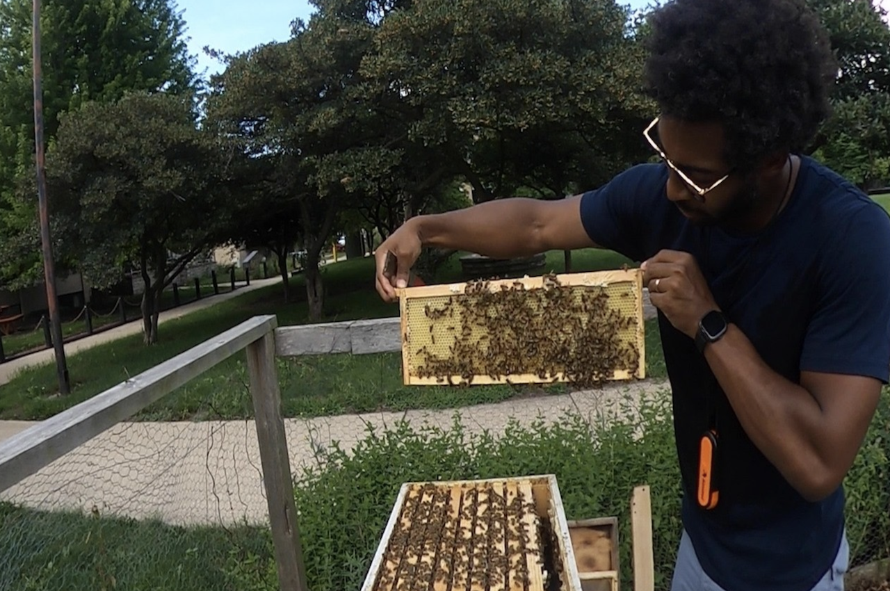 Assistant Professor of Biology Matthew Smith holding up a hive of bees in the community garden.