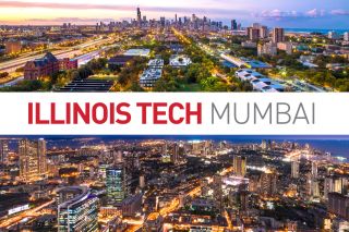 Illinois Tech's Mies Campus in Chicago with a photo of Mumbai