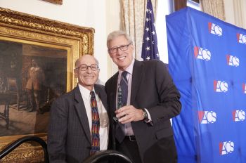 Distinguished Professor Sheldon Nahmod (left) accepts a 2018 Abner J. Mikva Award, presented by Geoffrey Stone, co-chair of the ACS Chicago Lawyer Chapter Board of Advisors. Photo: Andrew Collings | Chicago Lawyer Chapter, American Constitution Society