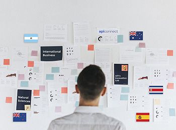 Man looking at whiteboard with post it notes