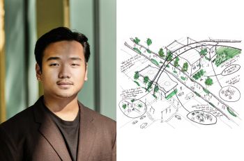 Headshot of architecture student Hai Truong (B.ARCH. 5th Year) next to a photo of his winning sketch.