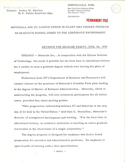 Motorola IIT Press Release from 1970