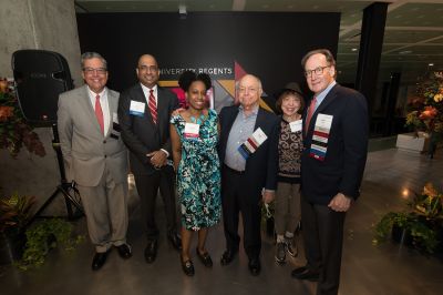 Mike at the unveiling of the University Regents recognition wall, alongside University Regent Ralph Wanger and his partner Monique Clarine, student Marilyn Flowers, President Raj Echambadi, and former Provost Peter Kilpatrick