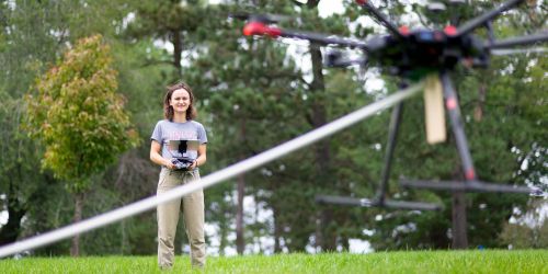 Student working a drone at Morton Arboretum