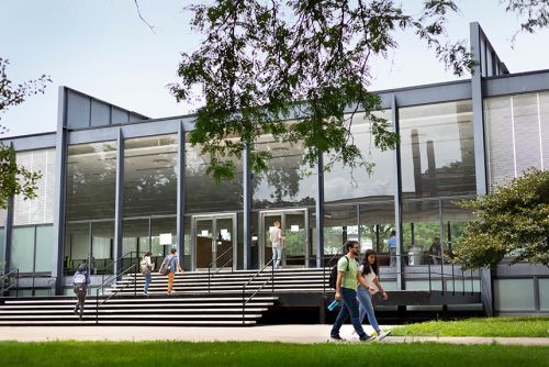 Crown hall exterior with students walking around outside