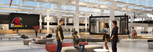 Rendering of mezzanine level of Illinois Tech Mumbai with students talking