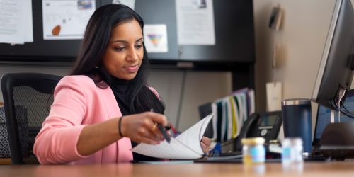 Illinois Tech alumna Savitha Chelladurai in her office at Chicago’s Navy Pier