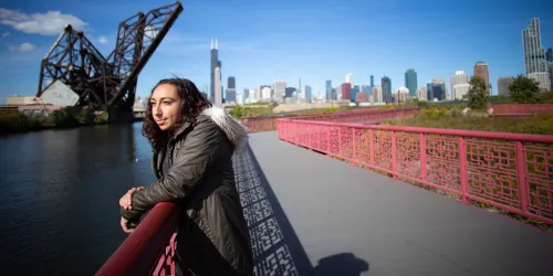 Image of student with Sears Tower in shot