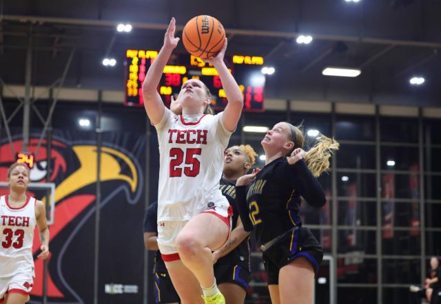Illinois Tech women's basketball player Chloe Churilla goes up for a layup at Keating Hall
