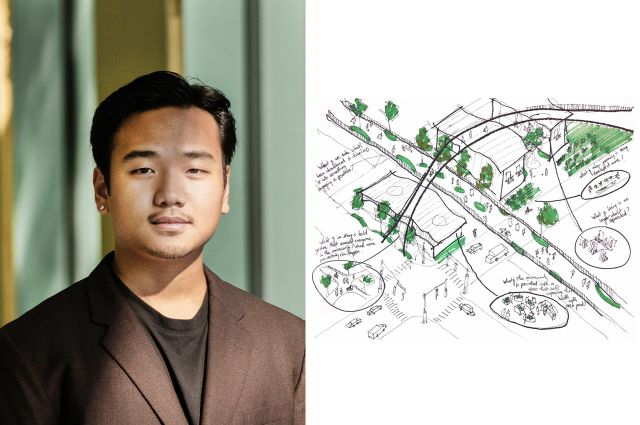 Headshot of architecture student Hai Truong (B.ARCH. 5th Year) next to a photo of his winning sketch.
