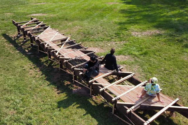 Aerial view of architecture installation, BoardWalk, created by Assistant Professor Dillon Pranger in Bethel, New York