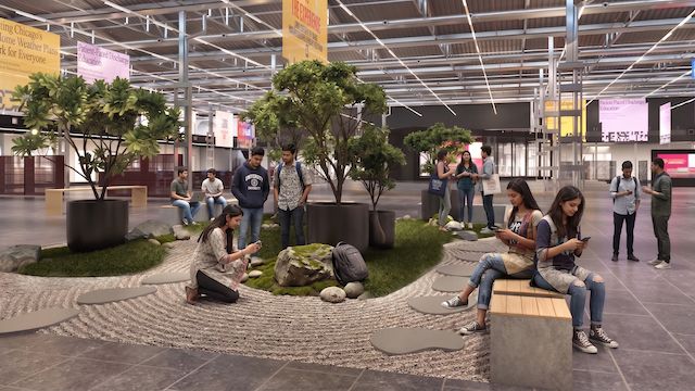 640x450 rendering of the zen garden on the Mumbai campus with students relaxing