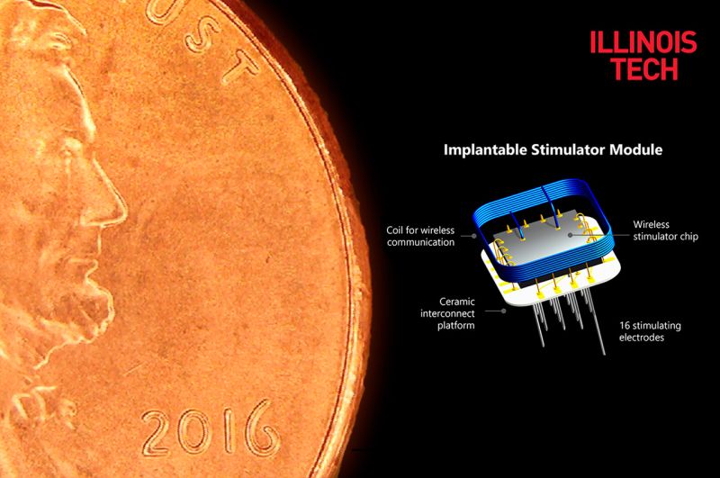 Image: rendering of the Intracortical Visual Prosthesis (ICVP) wireless implantable stimulator model alongside a penny for scale.