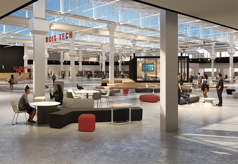 Early rendering of Mumbai campus with students in mezzanine